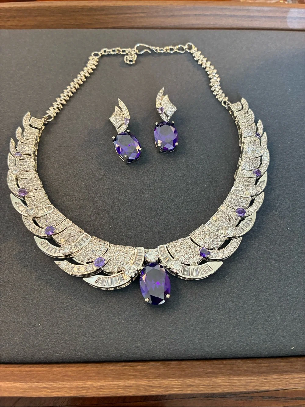 Elegant Silver tone Necklace set with Purple Gemstone Centerpiece